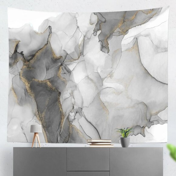 LARGE Marble Pattern Fabric Wall Hanging Tapestry Gray & Gold 70.8 X 90.5 inches - Picture 1 of 10